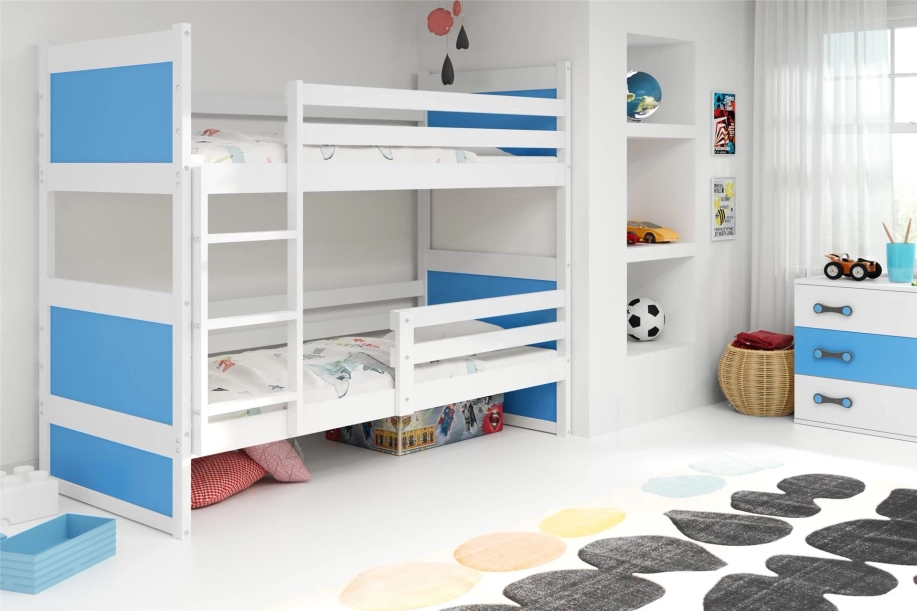 Łóżko młodzieżowe piętrowe RICO 90X190 z materacem, białe/niebieskie