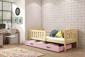 Łóżko młodzieżowe pojedyncze KUBUŚ 90X190 z materacem i szufladą, sosna/różowe