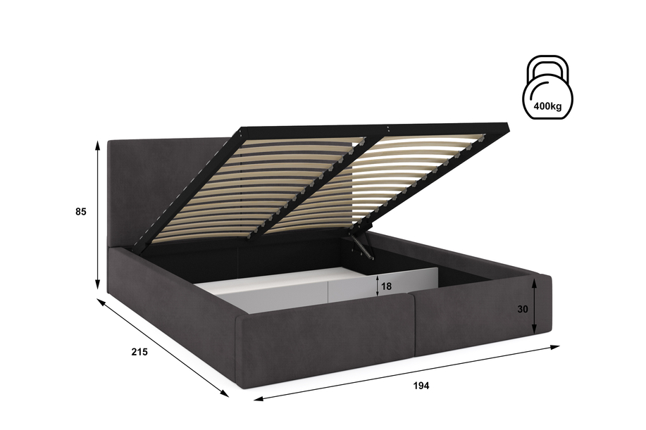 Łóżko sypialniane tapicerowane HILTON 180X200 z pojemnikiem, grafitowe