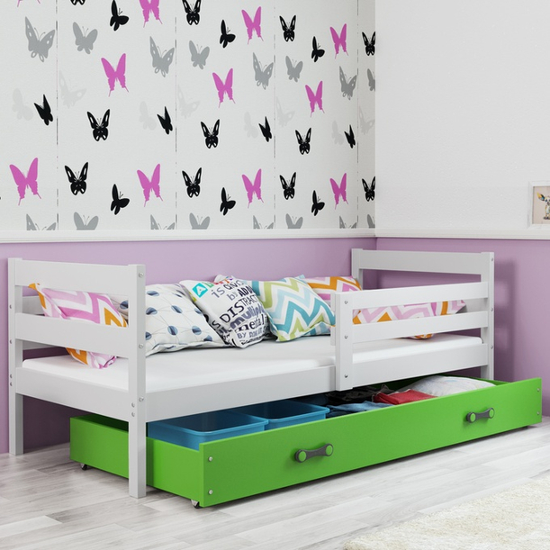 Pojedyncze łóżko młodzieżowe ERYK 90x190 z materacem i szufladą, biały/zielony