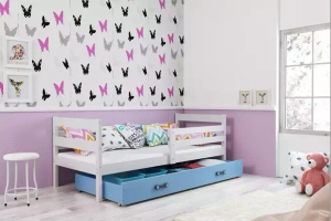 Pojedyncze łóżko młodzieżowe ERYK 90x190 z materacem i szufladą, biały/niebieski