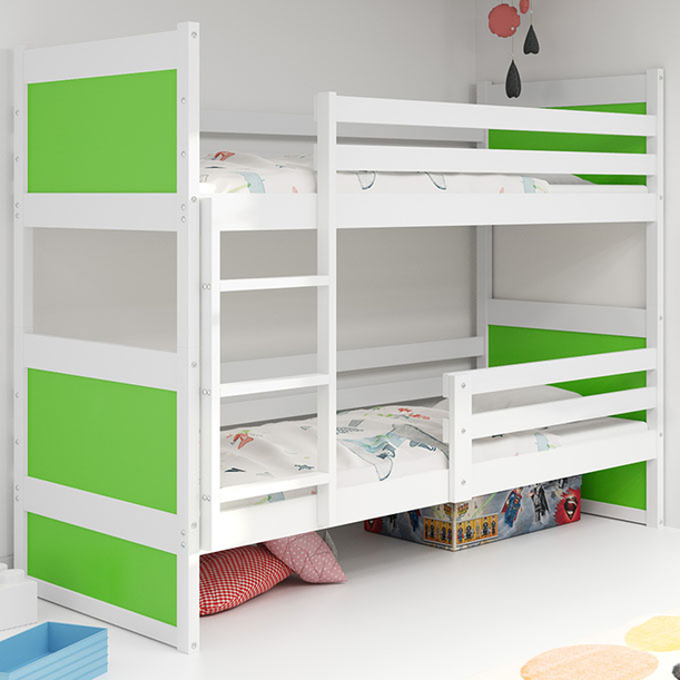 ŁÓŻKO MŁODZIEŻOWE PIĘTROWE RICO 90X200 Z MATERACEM, BIAŁE/ZIELONE