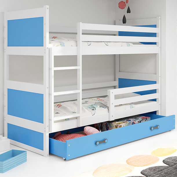 ŁÓŻKO MŁODZIEŻOWE PIĘTROWE RICO 90X200 Z SZUFLADĄ, BIAŁE/NIEBIESKIE
