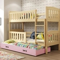 Łóżko młodzieżowe trzyosobowe KUBUŚ 90X190 z materacem i szufladą, sosna/różowe