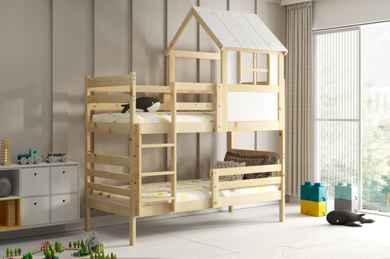 Łóżko piętrowe domek z daszkiem - Eryk z naturalnego drewna 90x190