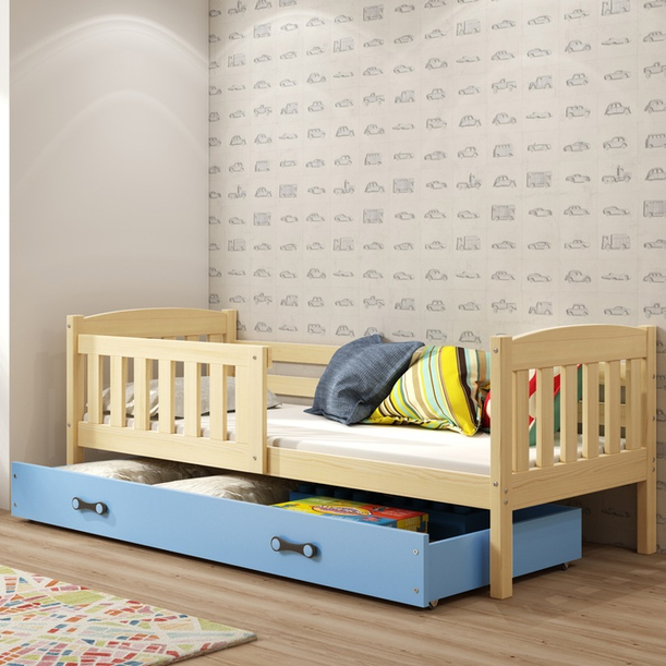 Łóżko młodzieżowe pojedyncze KUBUŚ 90X190 z materacem i szufladą, sosna/niebieskie